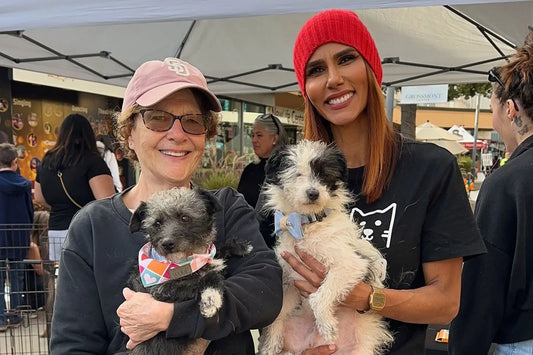 Founder Tati Polo and Ann, who fosters dogs for Dulce Vida Rescue, holding rescued dogs